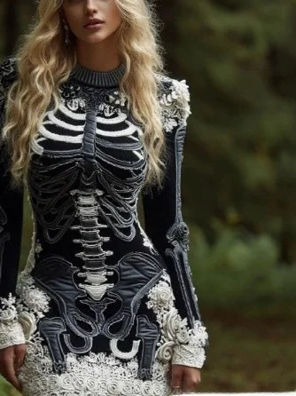 Halloween Halloween Skeleton Dress Women's Gothic Style Ghost Party Pure Color Long Sleeve Natural Waist Polyester Fiber Skirt - Aliexpress Deal