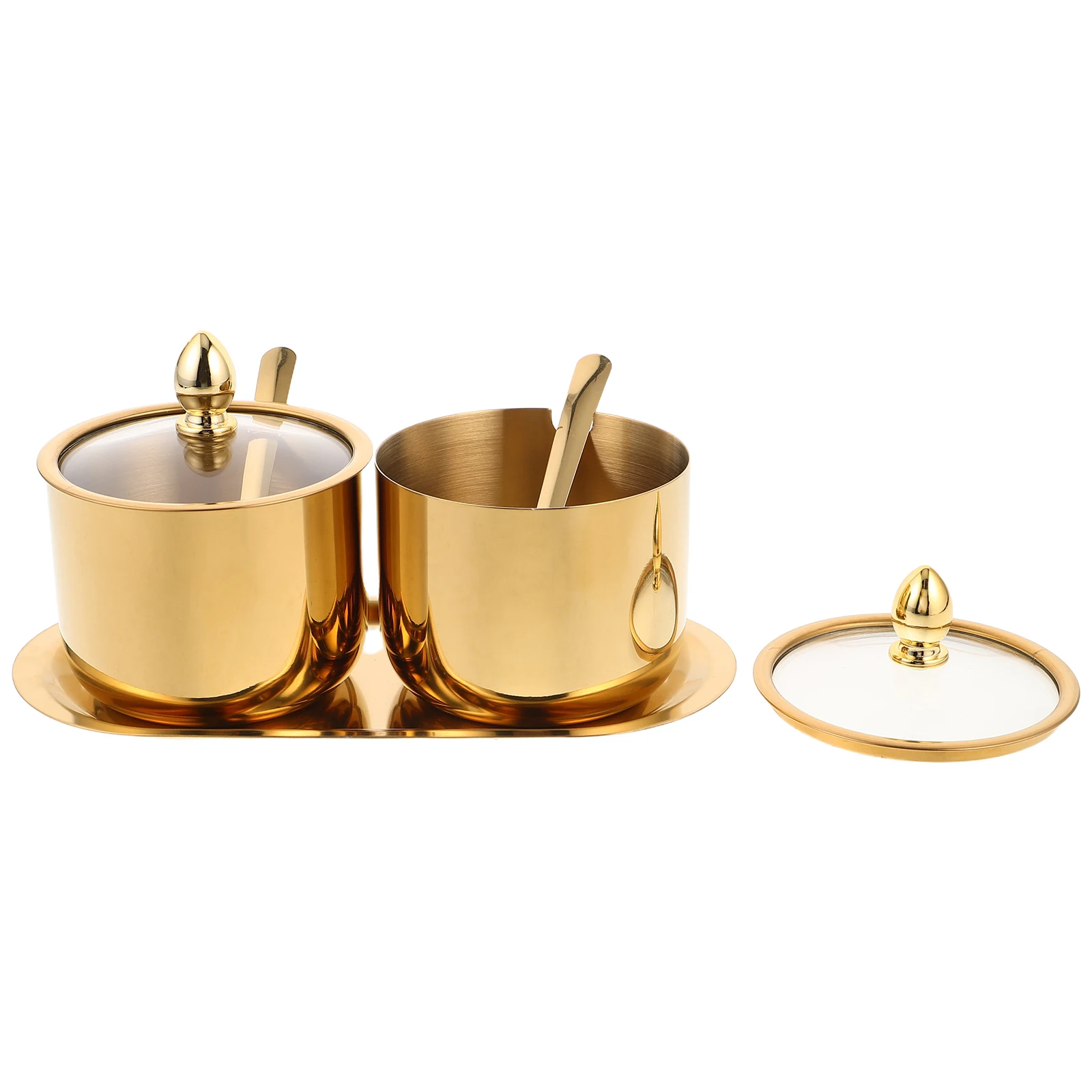 

1 set 1 Set Stainless Steel Seasoning Box Set 13.5Oz Spice Jar Glass Lid Spoon Tray Sugar Cube Jar Kitchen Cafe Bar Condiment