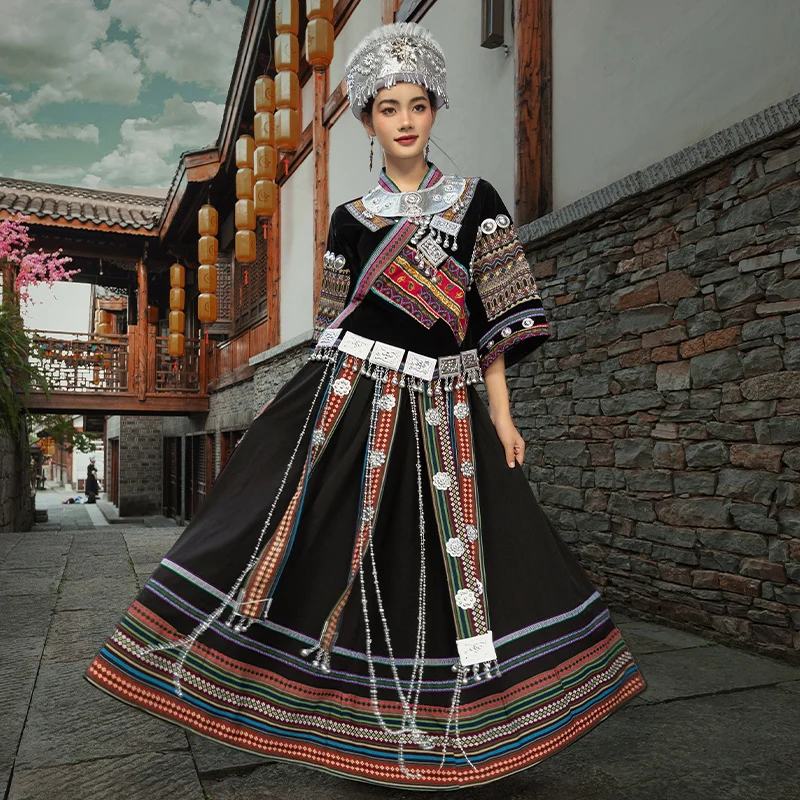 

Miao Costume Female Minority Welcome Trip Shoot Adult Hmong Village Tujia Long Dress Stage Performance Set