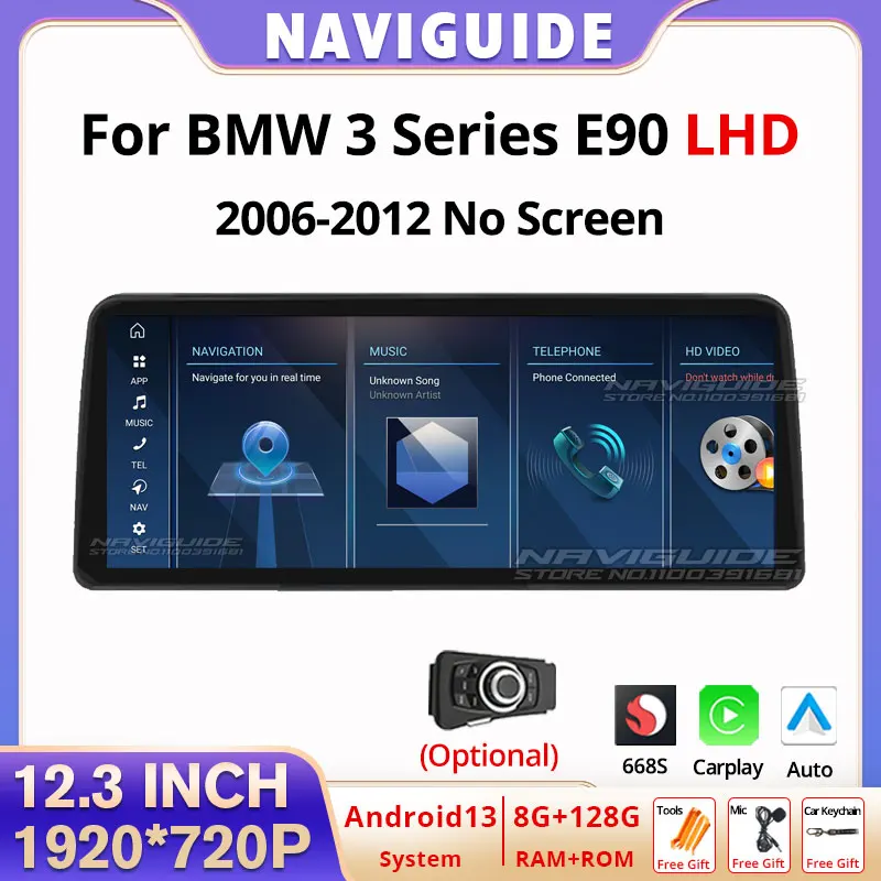 NAVIGUIDE 12.3'' Android 13 For BMW 3 Series E90 2005-2010 No Screen CarRadio Multimedia Player Carplay 4G GPS Stereo Headunit