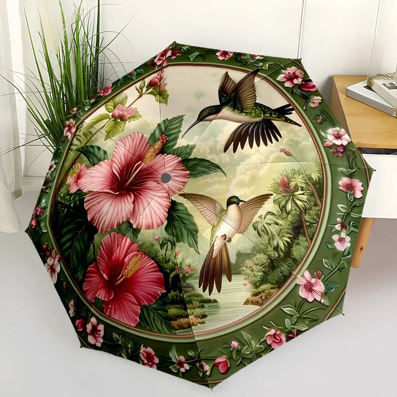 花柄折りたたみ傘-おしゃれな自動開閉式、8本の鉄骨、プラスチックハンドル、折りたたみ式日傘、クリスマスプレゼントに最適