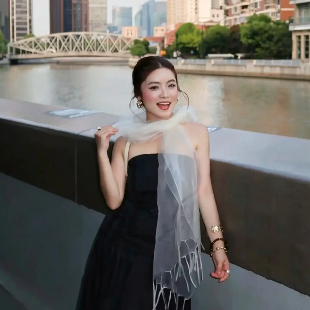 Womens Mesh Scarf French Style Tassel Shawl Lightweight Sunscreen Wrap Summer Elegant Soft Breathable Beach Vacation Scarf