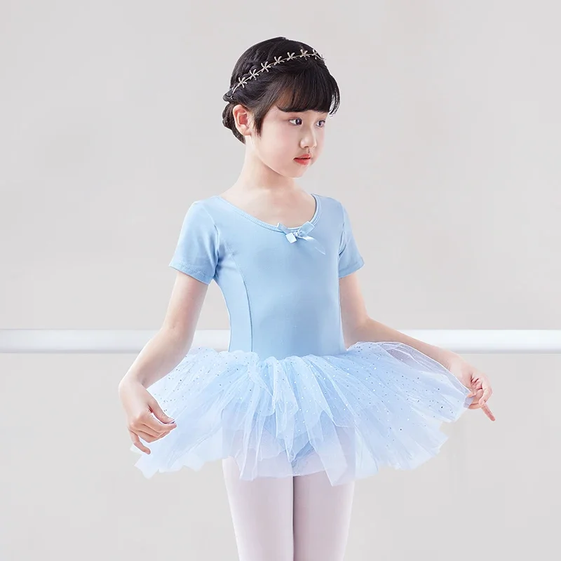 Vestido de tutú de baile de Ballet para niñas, de manga corta de gimnasia leotardo/larga de alta calidad con lazo en V en la espalda, ropa de baile para niños