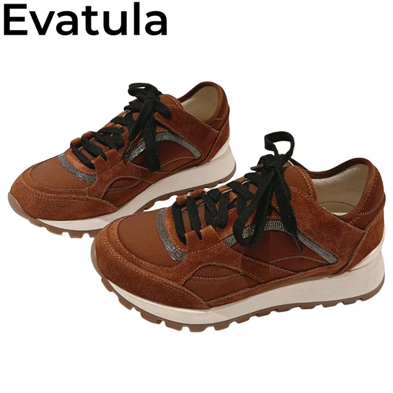 2024 Spring Suede Leather Lace Up Casual Sneakers Women Thick Sole String Bead Flat Shoes Comfort Running Shoes Tenis De Mujer