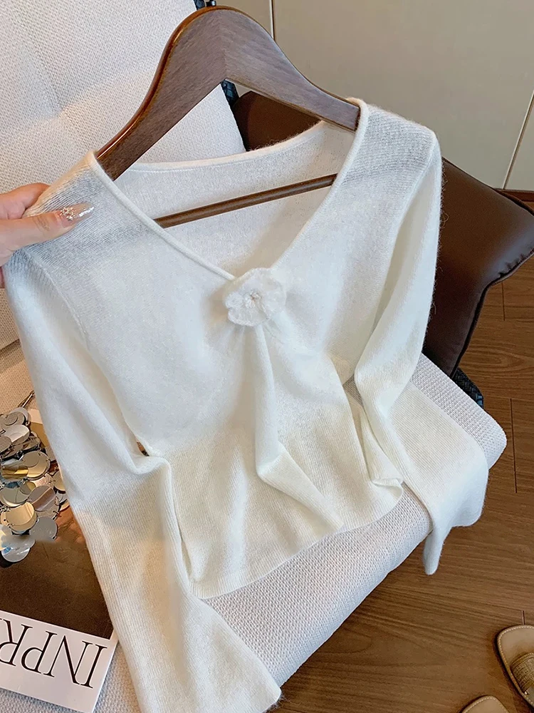Ele Sweet 3D Flower V-Ne Long Sve suéter de punto ex primavera otoño versátil Top suave medio fino calidez