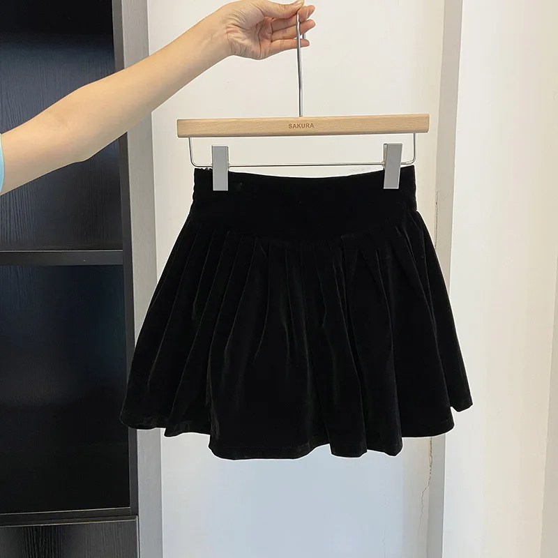 Women's Gold Velvet High Waist Black Anti-Exposure A- line Skirt 2023 Fall and Winter K-sle Retro All-Matching Sheath Skirt