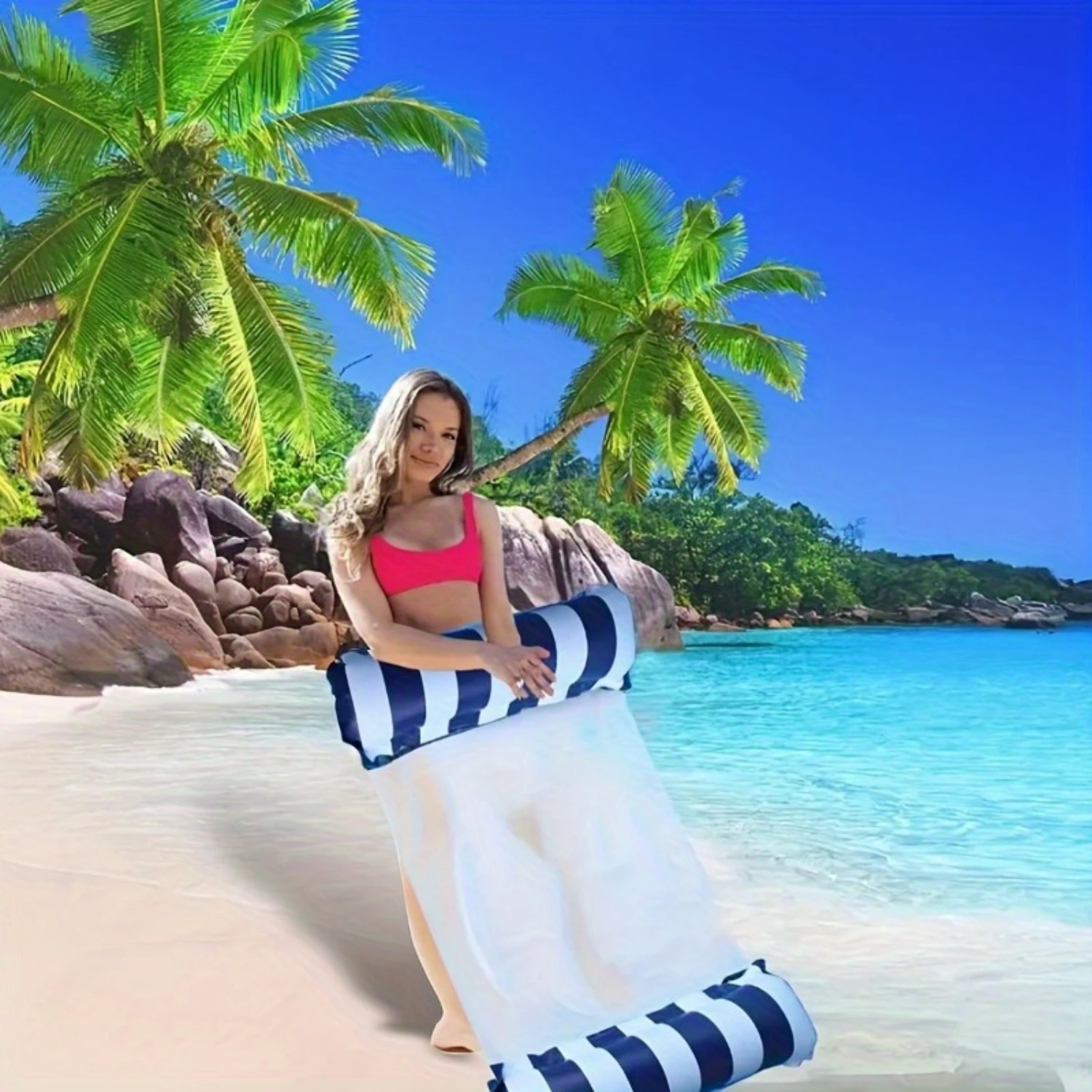 2-Piece Inflatable Swimming Beds - Ultra-Portable, Striped Pattern, Durable, and Comfortable Floating Loungers for Pool Parties