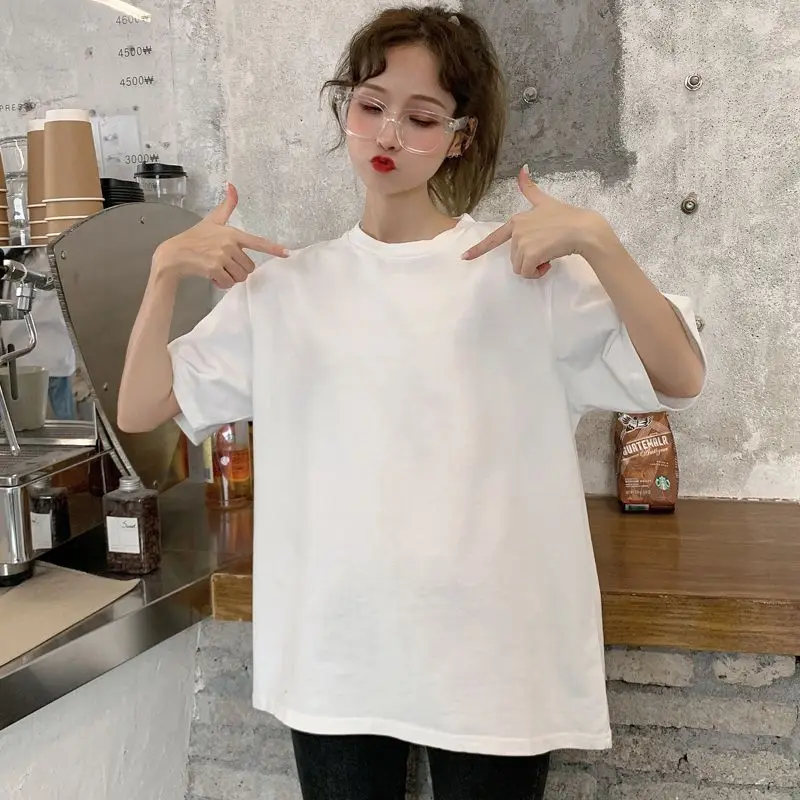 

Women Oversize White Short Sleeved T-shirt Loose Casual Top European and American Pure Cotton Round Neck Summer Solid 2024