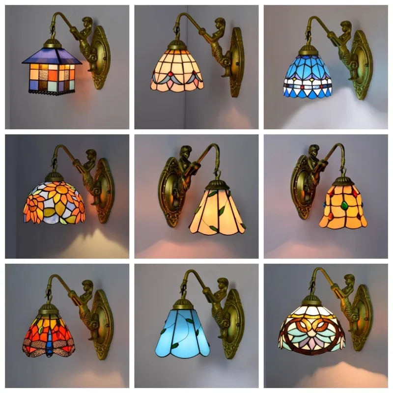 American Colored Glass Wall Lamp European Mediterranean Corridor Bar Hallway Patio Bedroom Stained Glass Staircase Wall Light