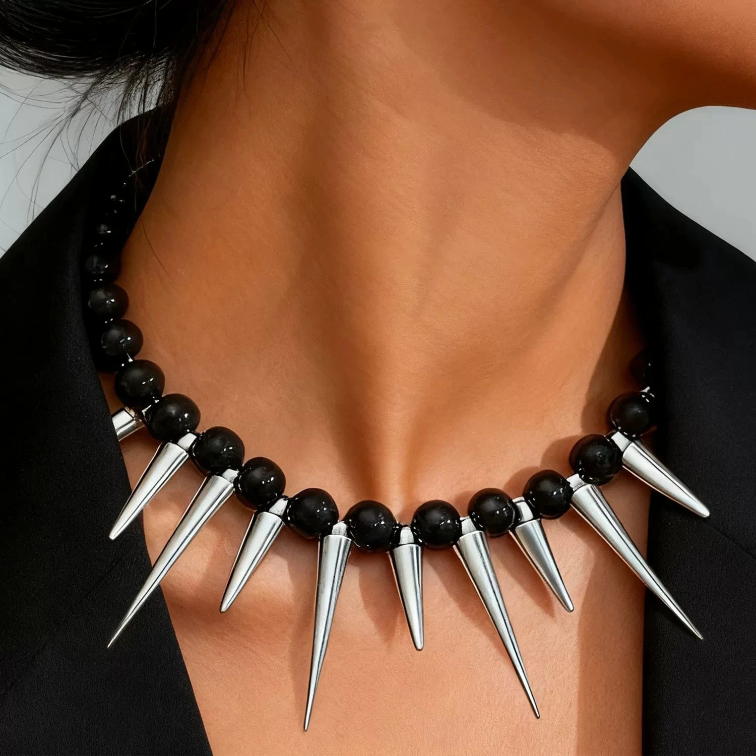 HUANZHI Silver Color Black Color Lance‑form Hoop Earrings Reflected Metal Finish Bead‑spaced Ornament Framework Women Jewelry