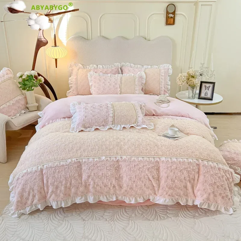 Romantic 3D Lace Flowers Bedding Set Korean Style Pink Princess Milk Velvet Embroidery Duvet Cover Fitted Bed Sheet Pillowcases