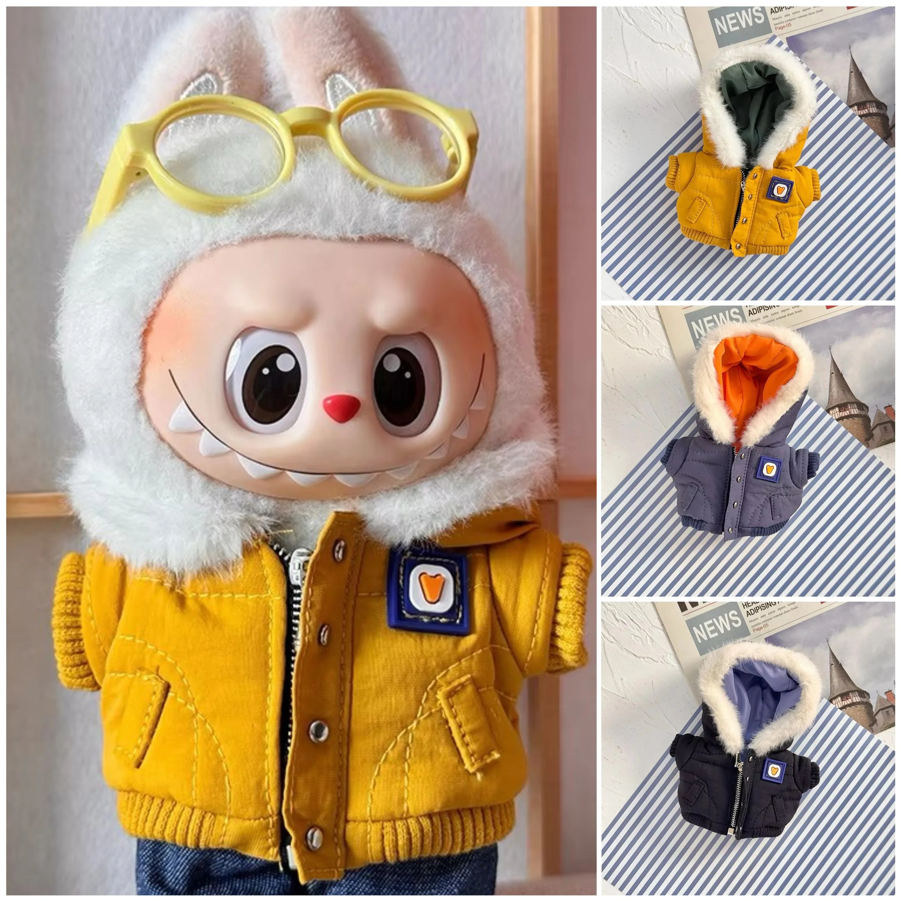 

Для 17 см хлопковое пальто с меховым воротником Labubu, одежда для куклы, повседневное хлопковое пальто, зимнее лыжное пальто для лабу, аксессуары, подарок