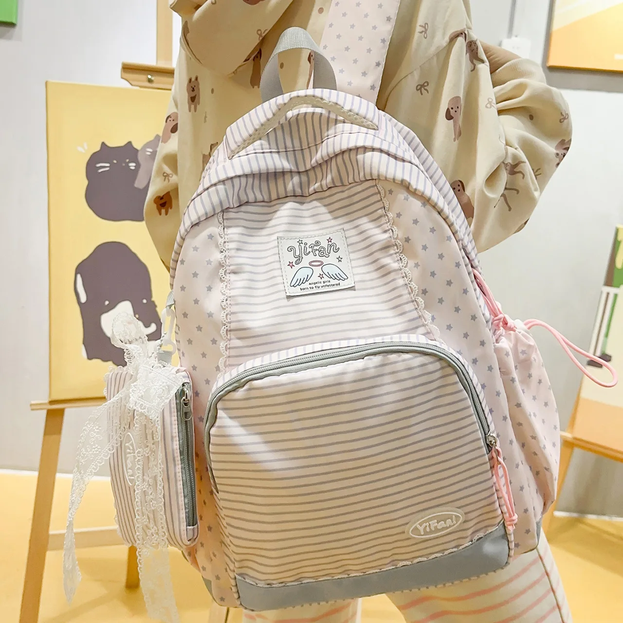 

Серый полосатый корейский рюкзак для женщин, повседневный, с лоскутным дизайном, для подростков, вместительный, универсальный, для студентов колледжей и школьников