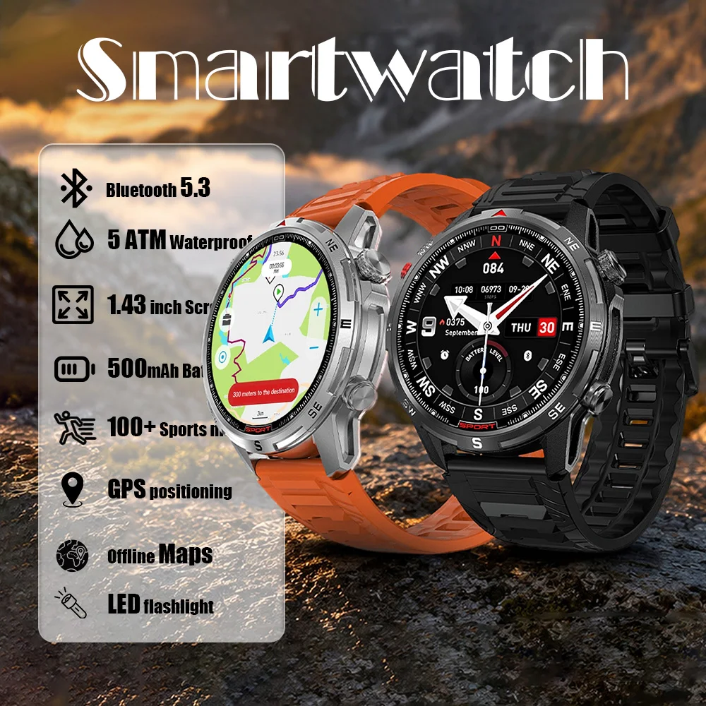 DTG10 Smartwatch 1.43'' AMOLED Display GPS Offline Maps Health Monitoring 100+ Sports Modes Voice Calling 5ATM Water Smart Watch
