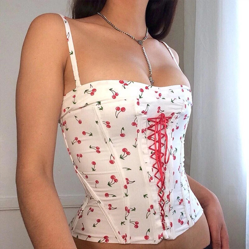 

Dourbesty Kawaii Cute Cheery Print Camis Y2K Corset Top Women Bandage Spaghetti Strap Sleeveless Sexy Camisole Summer Streetwear