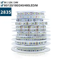 5m 5V 12V 24V DC SMD 2835 LED Strip Tape Light Ribbon 60/120/180/240/480LED/m Single Double Row 5mm 8mm 10mm 15mm Width PCB