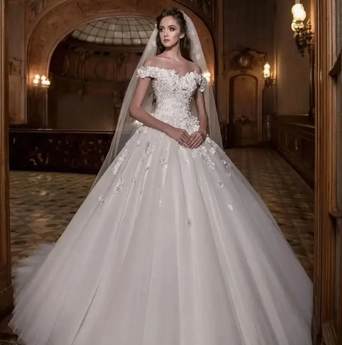 

New Elegant Wedding Dress 2026 3D-Flower Lace Ball Gowns Off The Shoulder Bridal Bride Gown Vestidos De Noiva