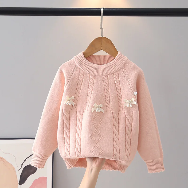 Classic Crew Neck Knitted Sweater for Kids Girl Stylish Twisted Cable Knitting Pullovers Chic Pearls Bow Elegant Clothes JY07231