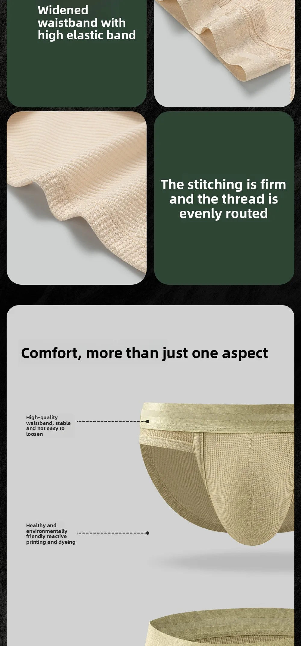 3pcs Sexy Men Waffle Cotton Briefs with Raised Bag Support Pouch With Hole U Spacious Separate Crotch Breathable Anti-sweat