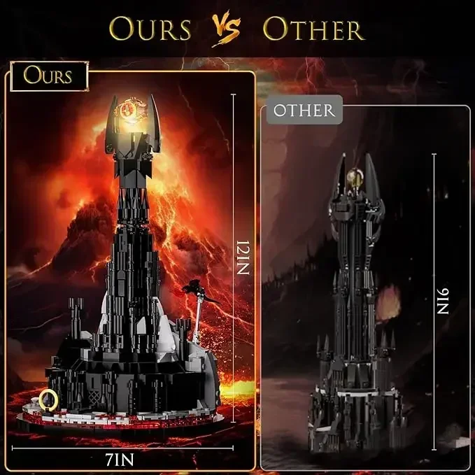 مجموعة مكعبات بناء برج داكن من MOC Lorded Ring Glowing Castle Architecture مع عين إضاءة، هدايا لمحبي الألعاب (969 قطعة)