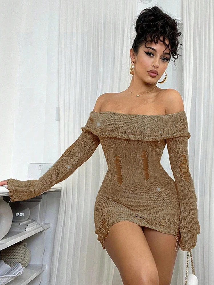 Autumn and winter women's knitted dresses long sleeved sweater hollowed out sexy dress ripped one shoulder tight dress for women