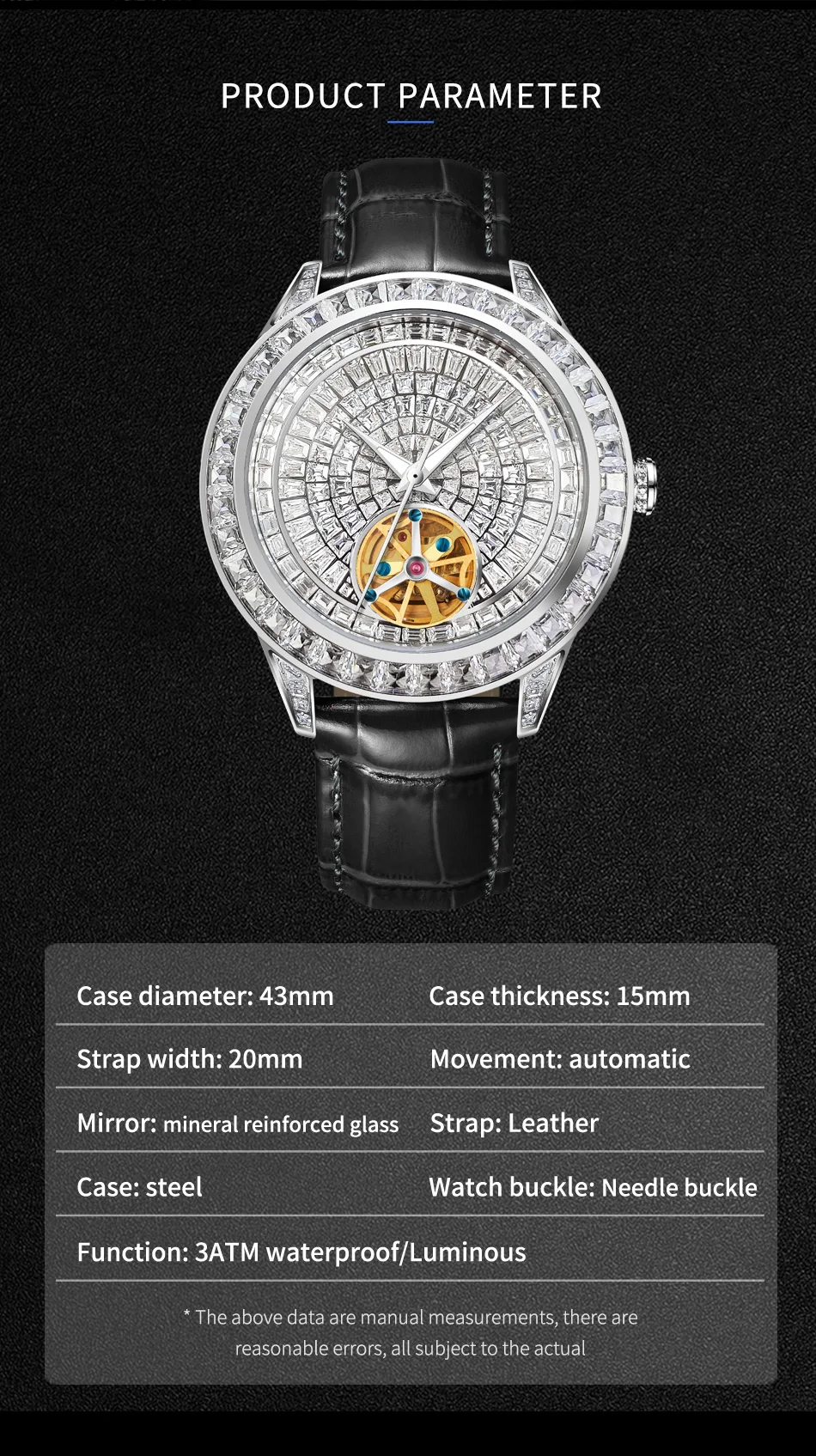 2024 Nieuwe Haemmer Jacob Diamond Face Tourbillon Mechanisch Herenhorloge Heren Echt Leer Lichtgevend Waterdicht Mechanisch W