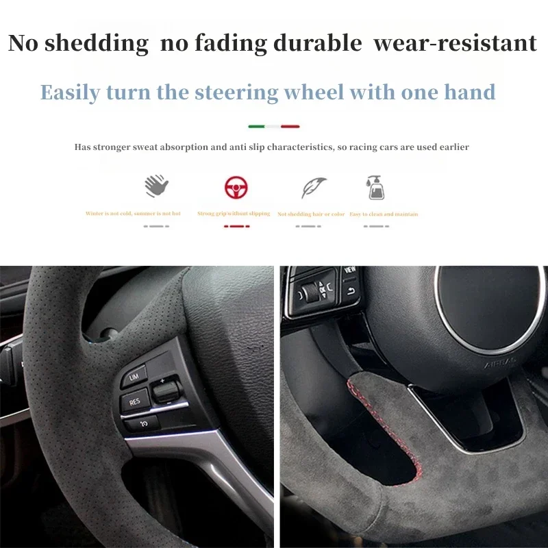 Car Steering Wheel Cover 508 208 3008 4008 5008 2016-2020 Suede Genuine Leather Steering Wrap Braid Cover For Peugeot E-208 view 4