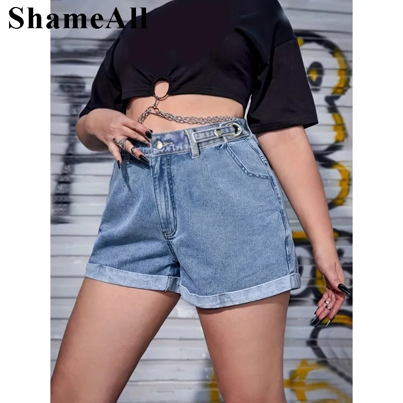 Plus Size Boyfriend Roll Up Light Blue Short Jeans 4XL Women Raw Hem High Waist Grey Denims Hot Pants Cuffed Jean Shorts