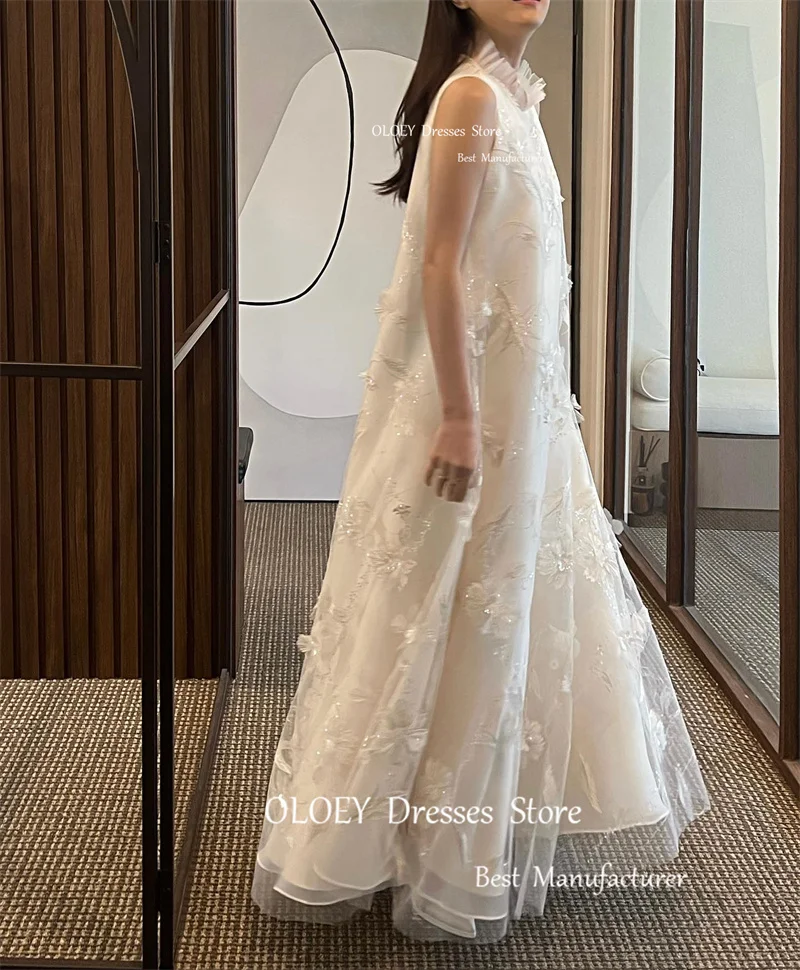 OLOEY Elegant High Neck Lace Straight Korea Wedding Dresses Photo shoot Floor Length Bridal Gowns Formal Party Dress