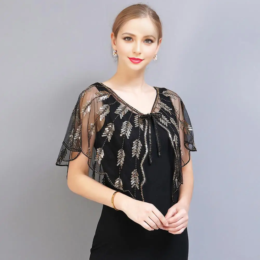 

Sparkling Gown Shawl Versatile Women's Shawls Elegant Sequin Decor Cloak Soft Textured Polyester Gown Accessory for Sparkling