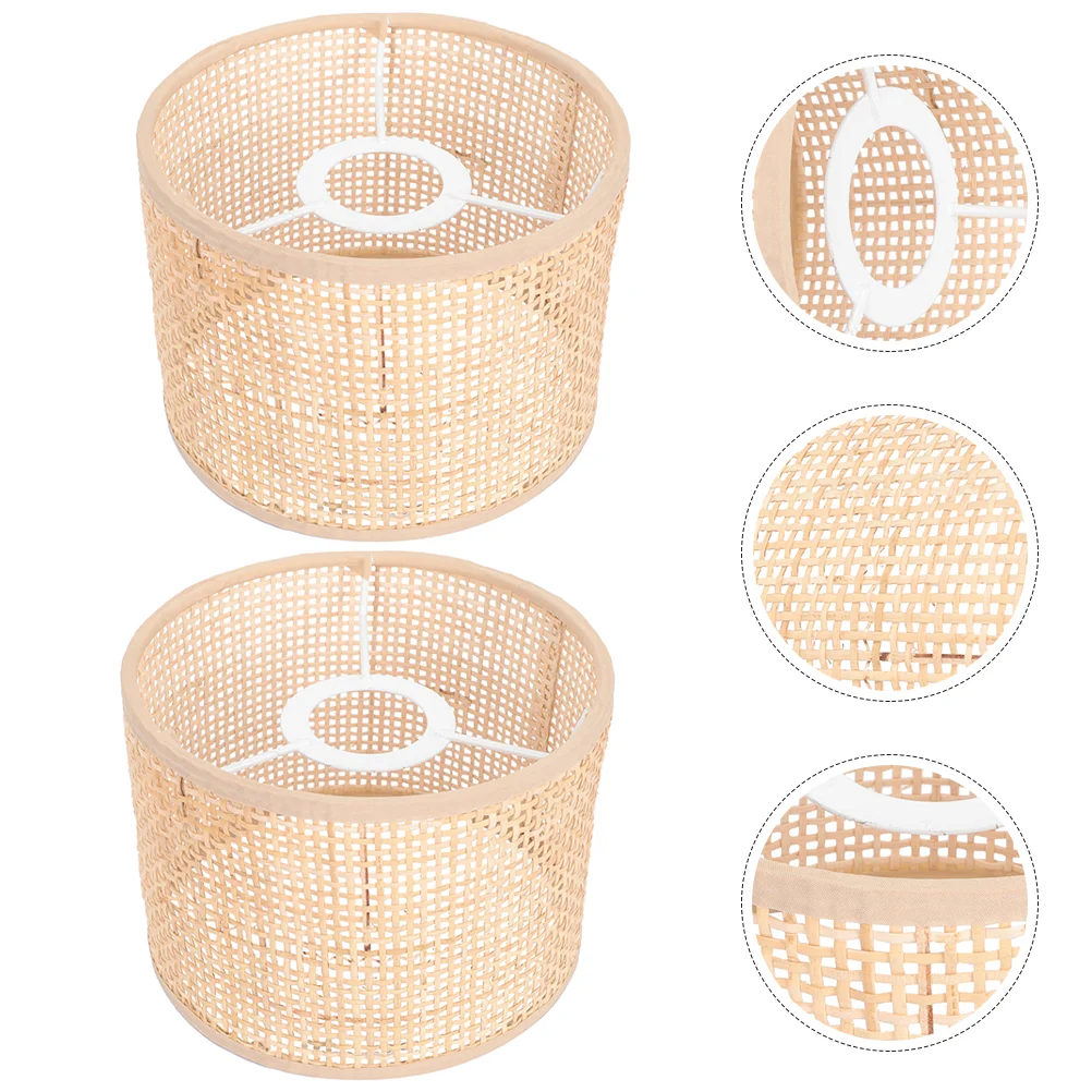 2 Pcs Woven Lampshade Rattan Grid Real (16*12 Squares) 2pcs Wicker Table Retro Farmhouse Decor Light Protection Cover Twine