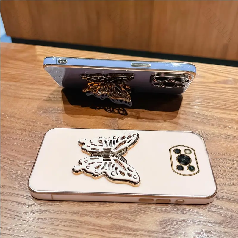 Luxury Butterfly Plating Holder Phone Case On For Xiaomi Mi Poco X2 X3 X4 X5 M3 M4 M5 F3 F4 NFC Pro 4G 5G GT C40 Stand Cover