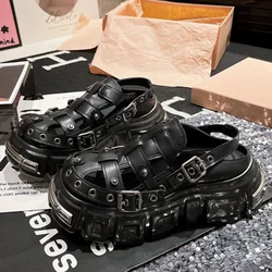 Genuine Leather Gladiator Sandals Braided T-strap Punk Platform Casual Sneakers For Women Metal Rivet Rome Sandals Tennis Shoes