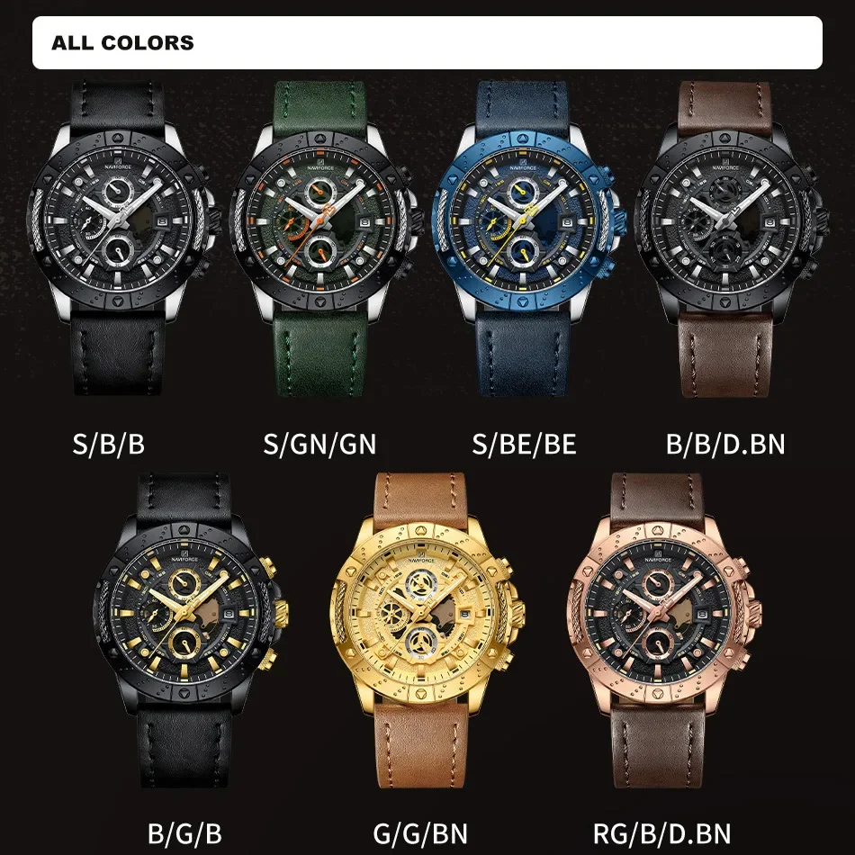 NAVIFORCE Luxury Men Chronograph Watch Waterproof Sport Luminous Quartz Wristwatches Leather Strap Date Clock Relogio Masculino