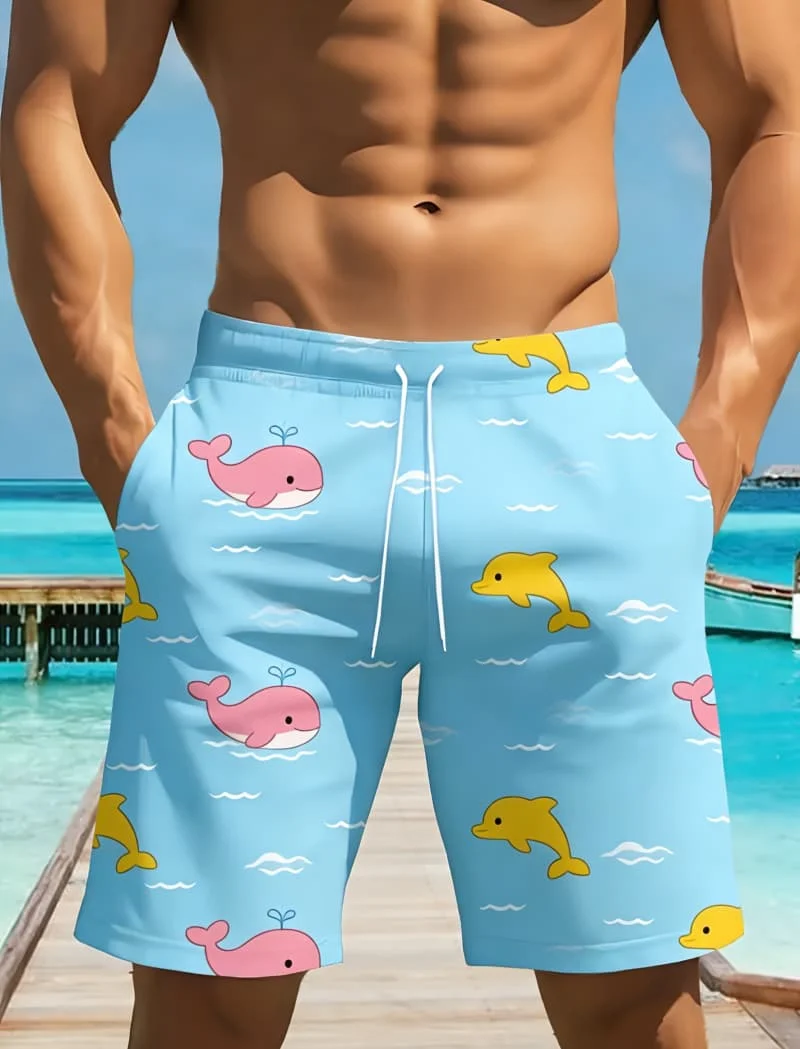 

Men's Unique Ocean Print Beach Shorts - Whale Dolphin Starfish Lighthouse Print Casual Shorts For Summer Daily Wear