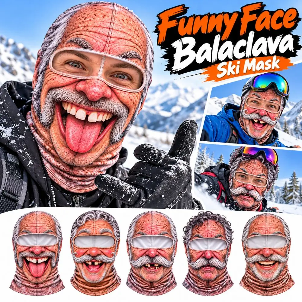 3D Face Printed Old Man Balaclava Face Mask White Mustache Breathable Eye Hole Winter Mask Cover Full Coverage Elastic