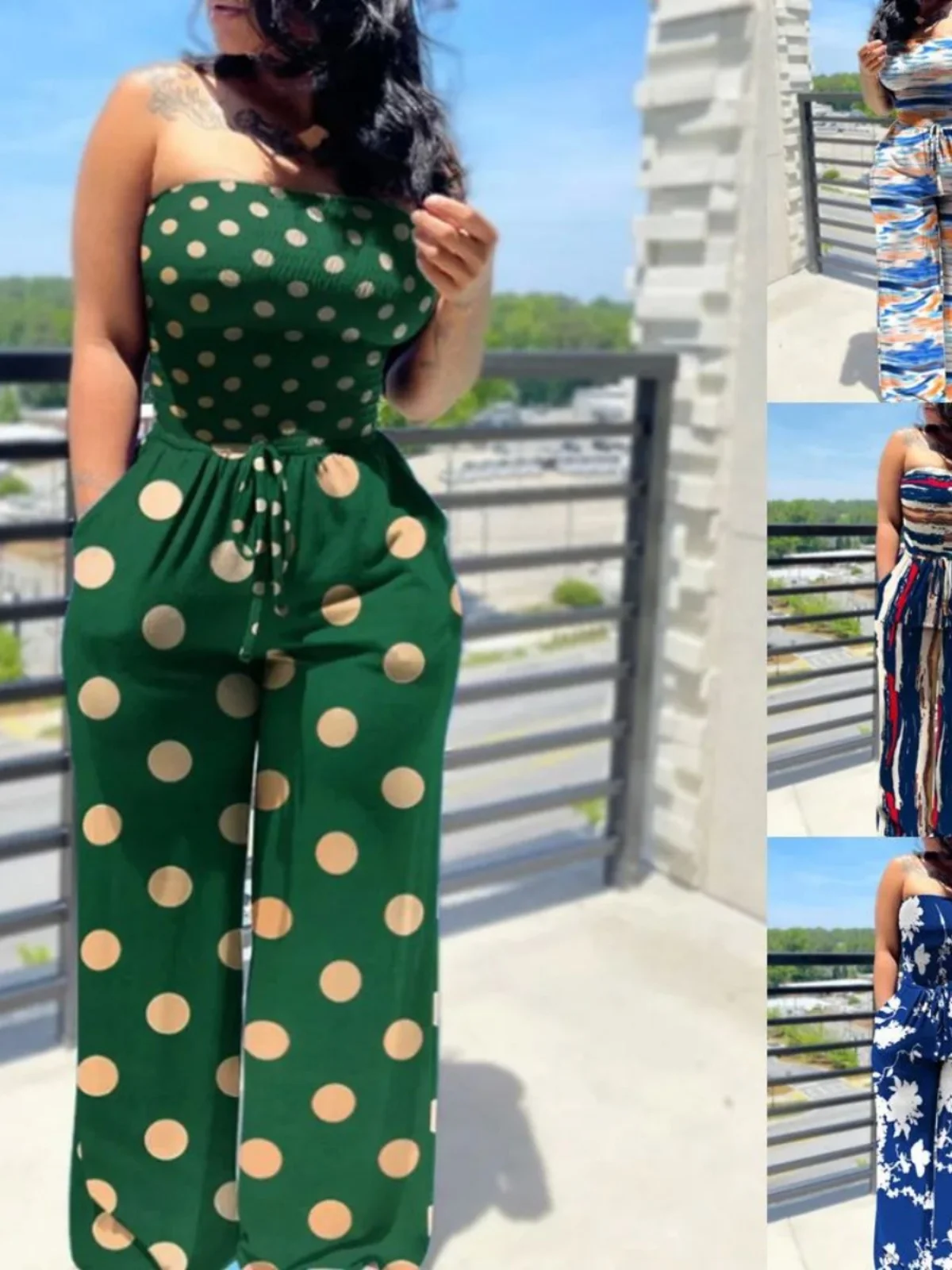 Tuta stampata a vita alta con cinturino da donna Street Sle Pantaloni lunghi avvolgenti floreali Tuta a gamba dritta in fibra di poliestere