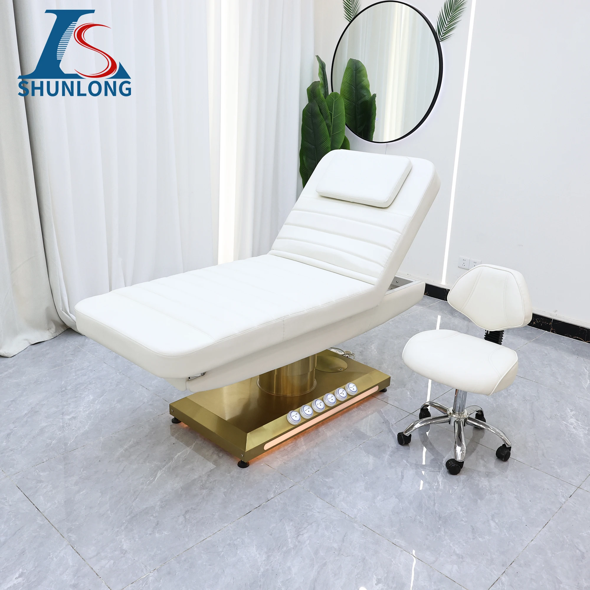 Electric Facial Massage Bed White PU Single Gold Cylinder Lift Golden Metal Base LED Ambient Light Reclining Beauty Table for Sp