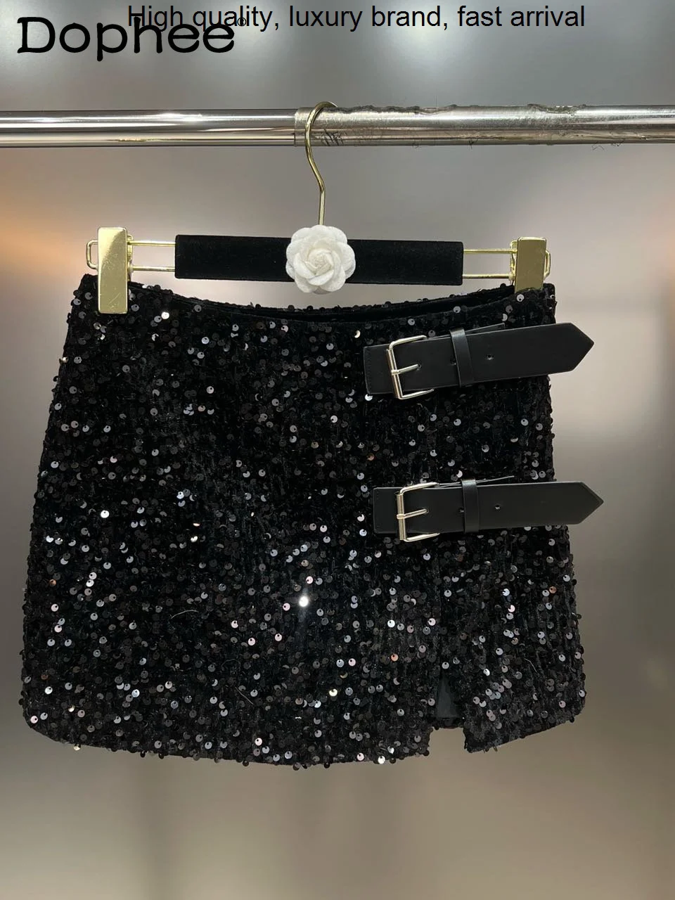 Heavy Fall Winter Industry Gradient Sequined Pu Metal Buckle Split Mini Women Cool Hot Girl Black Sequin Short Skirt Club