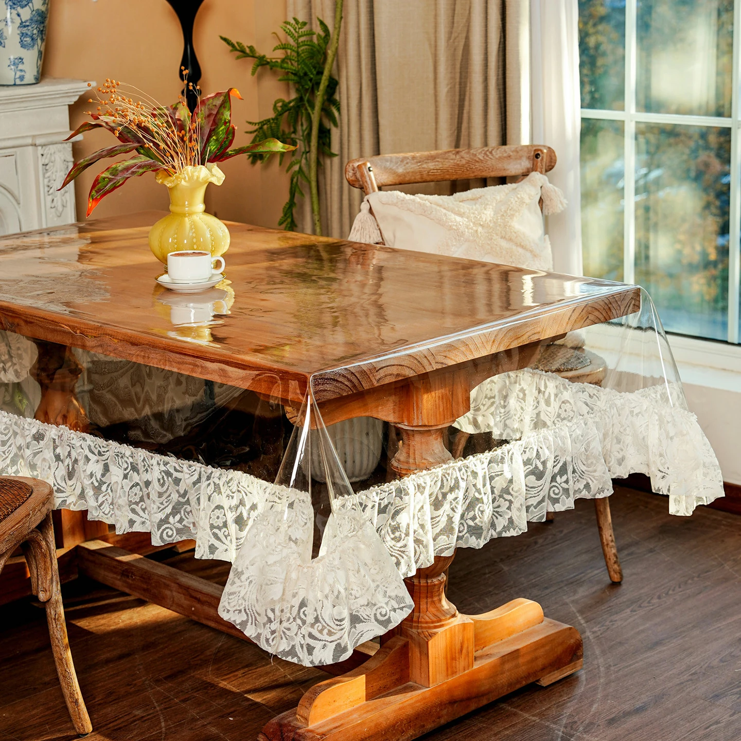 EIFLOY-PVC Waterproof Tablecloth, with Lace, Rectangular, Round, Transparent, Dining Table Cover, Party Decor, Outdoor, Kitchen