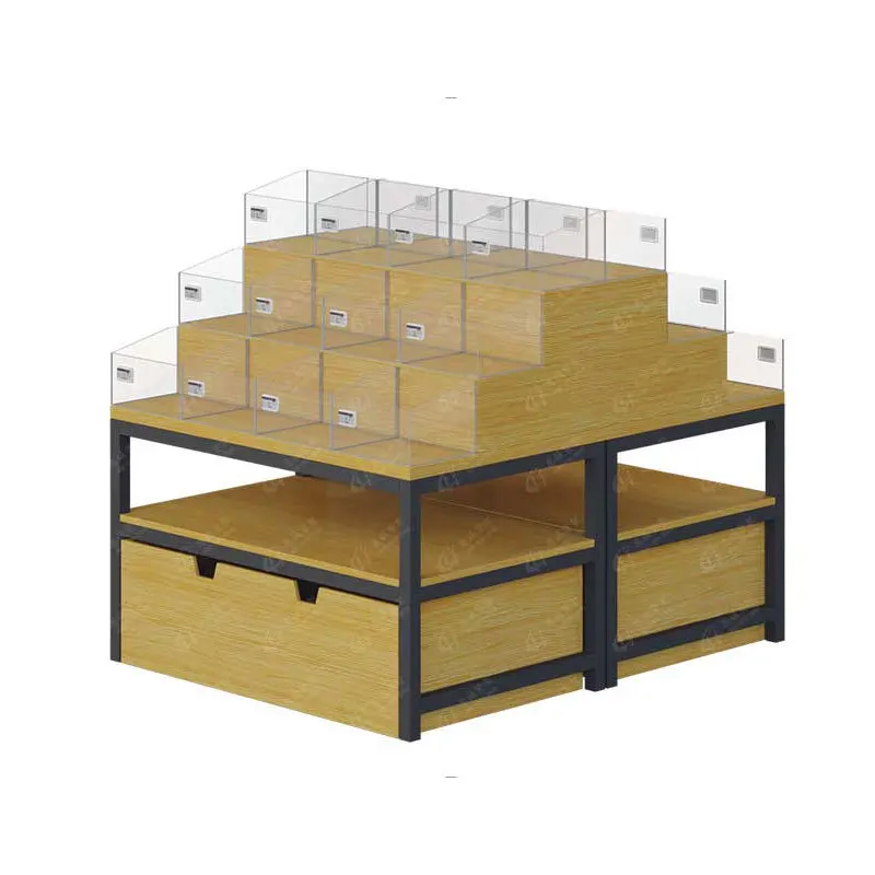 Supermarket scattered candy, snack food, steel and wood combined with multi-layer display cabinet, biscuits do not contain lids