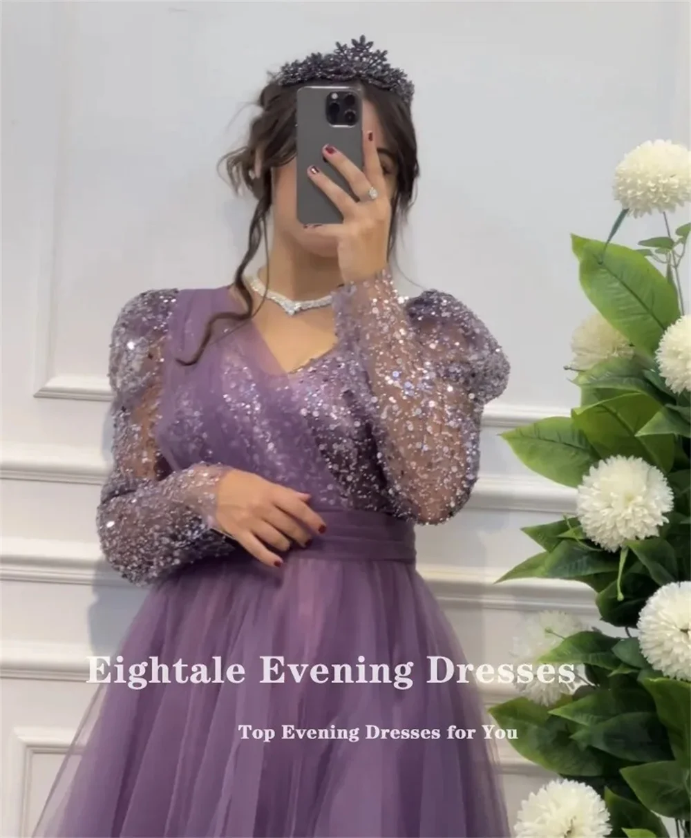 Cathy Purple Tulle V-neck Wedding Dresses Glitter Top A-line فساتين سهرة Elegant Sleeves Floor-length vestidos de fiesta 2024