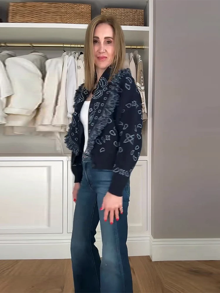 Cardigan court à franges imprimé pour femme, haut uni, manches longues, boutonné, pull ample, Chic, décontracté, tricot de rue, automne