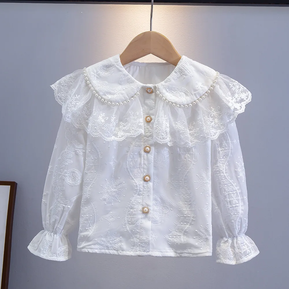2026 Girls Cotton White Shirt Spring Autumn Long Sleeve Lace Doll Collar Korean Student Class Uniform Stylish Kids Top