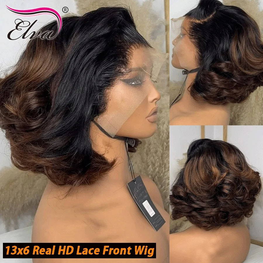

Ombre Chestnut Brown Color 13x6 HD Lace Front Human Hair Wig 250% Density Virgin Human Hair Lace Closure Wig Wavy Short Bob Wigs