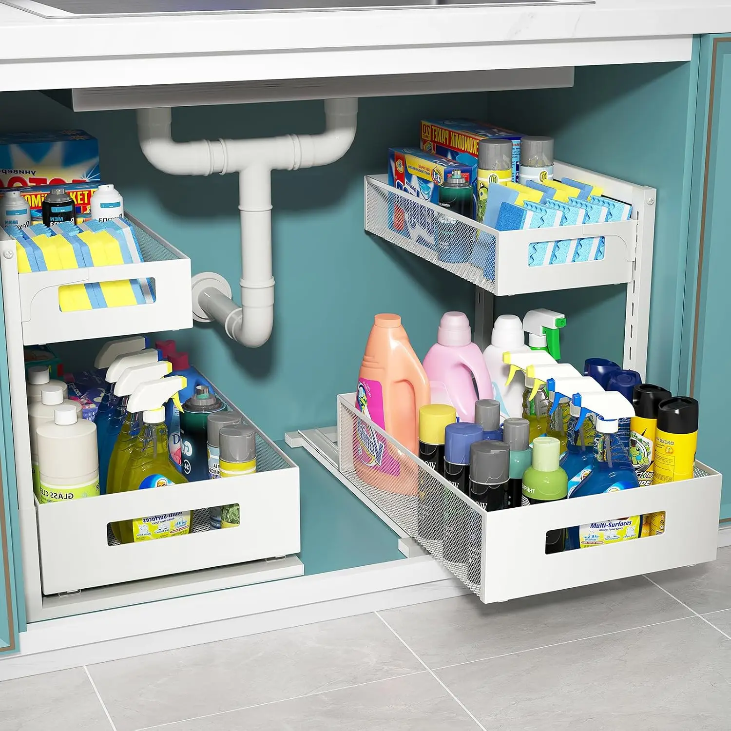 Under Sink Organizer, Heavy Duty Metal, Slide Out Cabinet Storage for Kitchen Bathroom Pantry, White