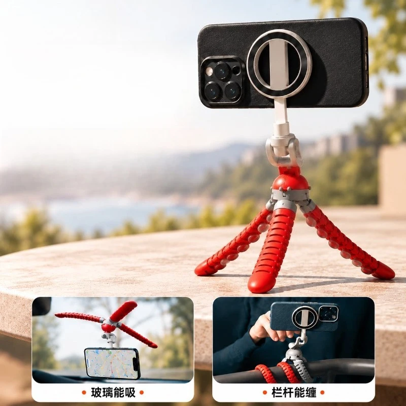 Flexible Octopus Magnetic Phone Tripod, Suction Cup Portable Holder for IPhone Android, Outdoor Selfie and Desktop Photography