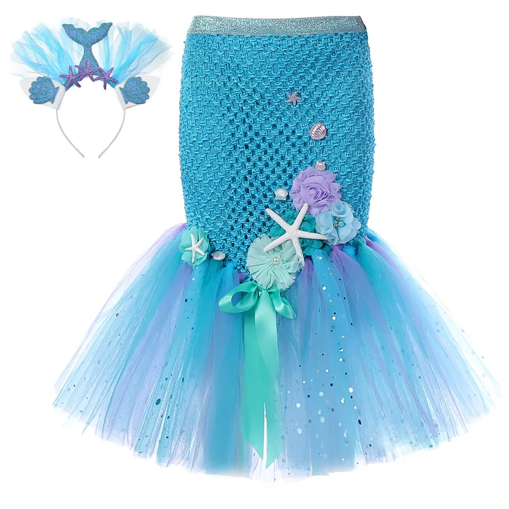 Children Mermaid Sequin Sweet Princess Style Half Skirt Flower Ornaments With Headband Wear For Girls Ocean Beach Party Swimsuit