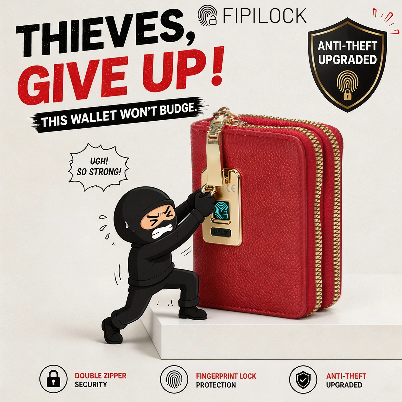 FIPILOCK Wallet Card for Women and Men with Smart Fingerprint Unlock Anti-Theft and Anti-Burglary Coin Purse Tote bag Closure