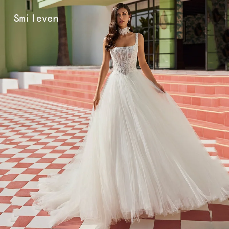 LORIE Lace Applique A-line Wedding Dresses Spaghetti Strap Bridal Gown Square Collar Fluffy Wedding Dress Customized 2026